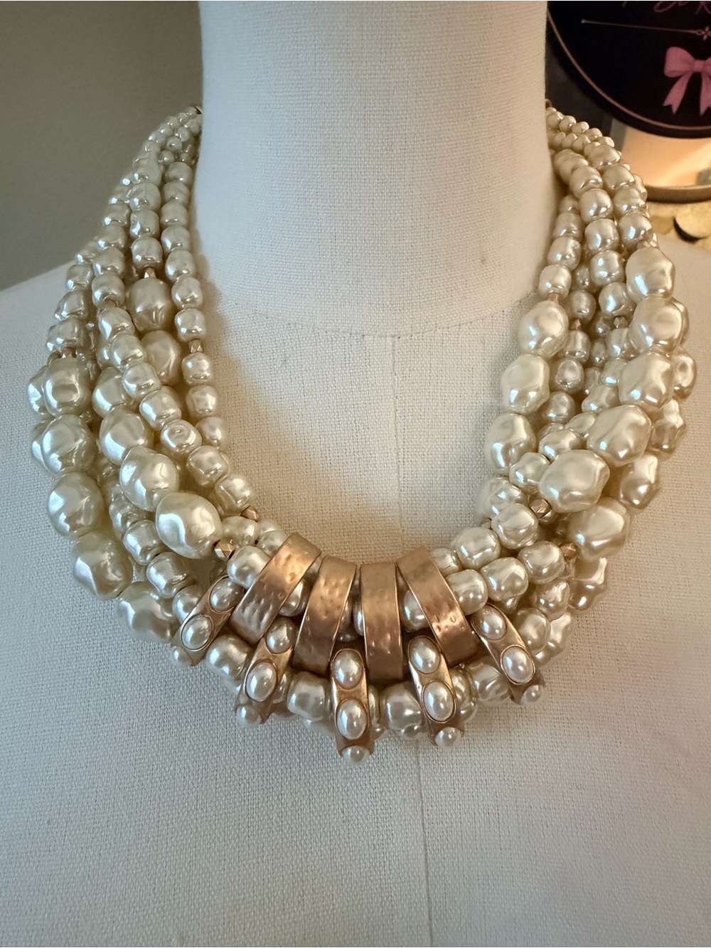 Chico’s Multi Strand Faux Pearl Statement Necklace & Earrings Set Gold Tone - Picture 5 of 12